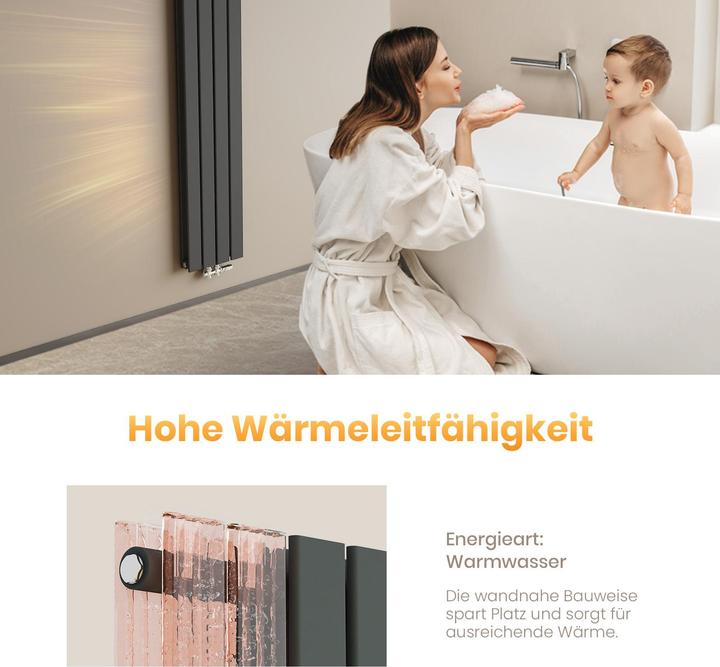 Produktbild Emke Heizkörper, Flachheizkörper mit Zentralanschluss, Schwarz 180x30cm 911W Doppellagig (911 W)