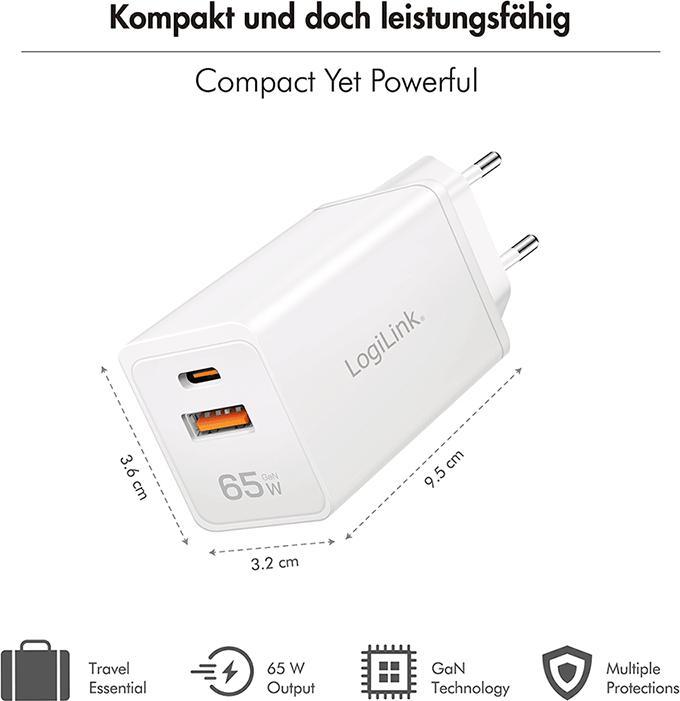 Produktbild LogiLink Dual-USB Steckdosenadapter, 65 W, GaN, 1x USB-C (PD), 1x USB-A (QC), Weiss (65 W, 2 Ports)