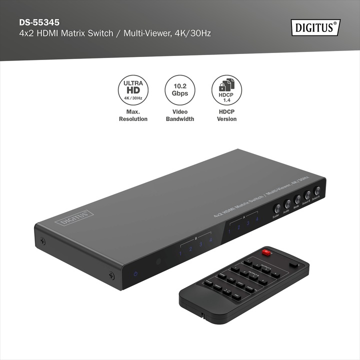 Immagine prodotto Digitus Switch 4x2 HDMI Matrix / Multi-Viewer, 4K/30Hz
