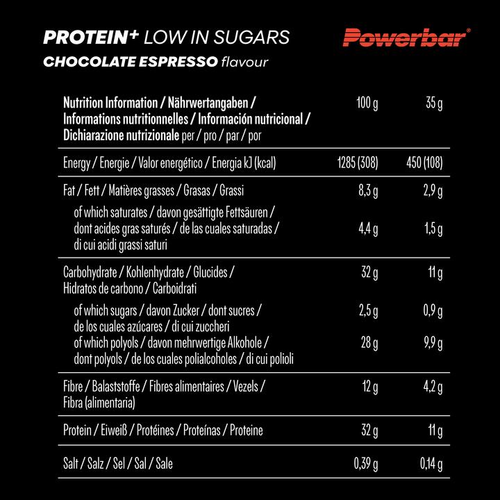 Nährwerte und Zutaten Powerbar Protein Plus Low Sugar (Espresso, Schokolade, 16 Stk., 560 g)