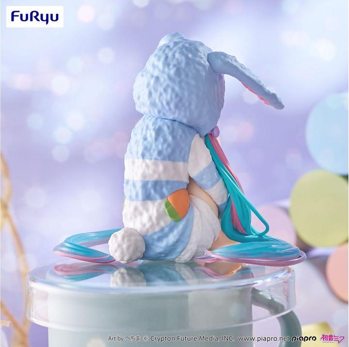 Actual product image Furyu Hatsune Miku Noodle Stopper PVC Statue Hatsune Miku Rabbit Ear Hood Pajama Blue Color Ver. 14 cm