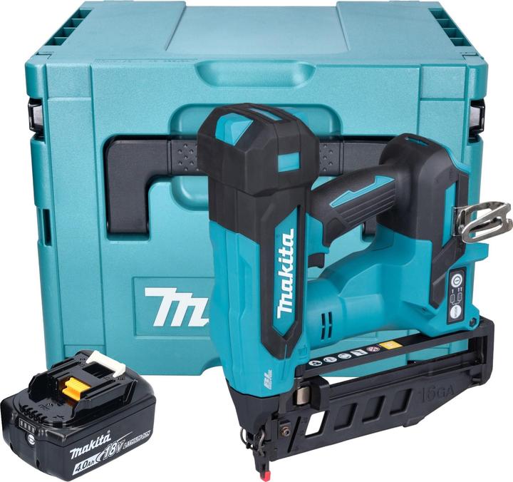 1x Makita DBN 601 cordless nailer, 1x adapter (422B86-0), 1x Makita BL 1840 B 18 V 4.0 Ah battery, 1x Makita Makpac case, without charger