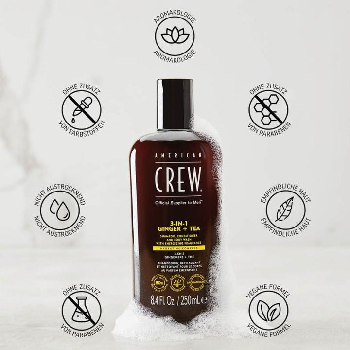 Immagine prodotto American Crew Shampoo, balsamo e lavaggio corpo 3 in 1 allo zenzero e al tè (1000 ml, Shampoo liquido)