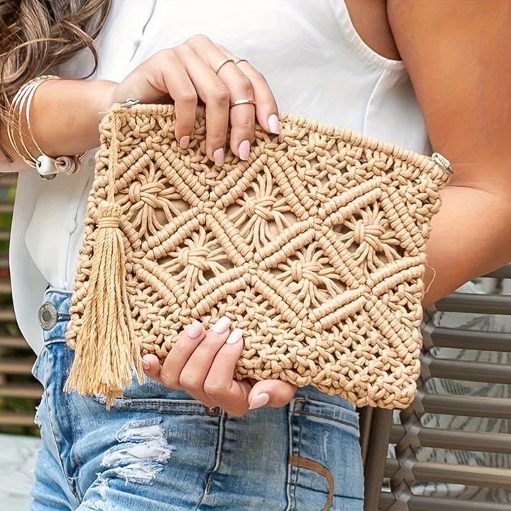 Produktbild Only-Bags.Store Straw Woven Clutch Bag, Hollow Out Clutch Purse, Casual Summer Beach Travel Purse
