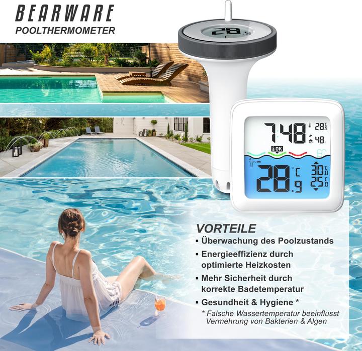 Image du produit Bearware Poolthermometer mit Schwimmer, Schwimmthermometer, Funkuhr, Raum- und Luftfeuchte, IP67 Wecker