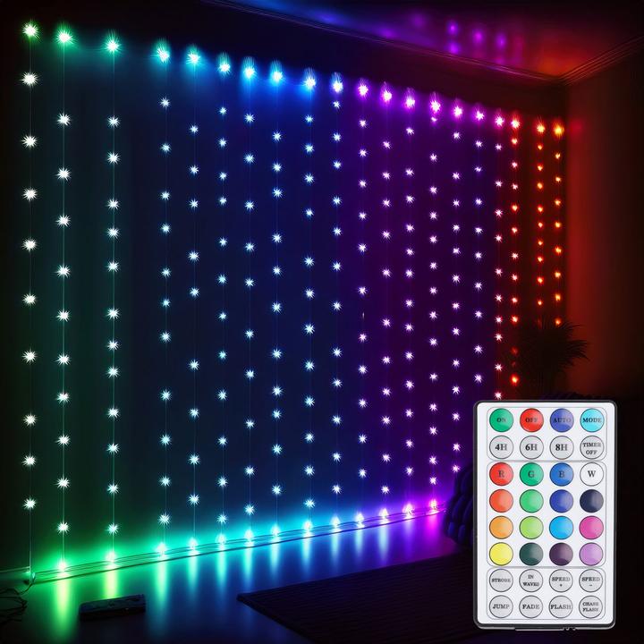 Produktbild Koopman Mehrfarbiger RGB Lichtervorhang 144 LEDs mit Fernbedienung, ideal für Innen & Aussen (1.20 m)