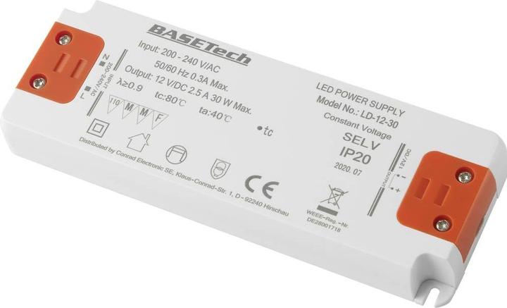 Actual product image Basetech LD-12-30 LED transformer constant voltage 30 W 2.5 A Furniture approval, overvoltage