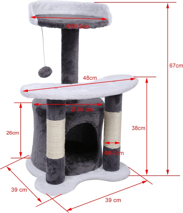 Actual product image Wiltec Cat Tree Scratching Post Climbing Tree 67cm in Grey/White with Plattform, Cave and Ball (67 cm, Grey/white)