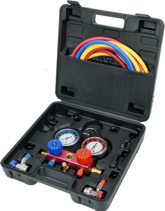 Produktbild Yato Profi Klimaanlagen Druckuhr-Armatursatz 6 TLG, 2-Wege Manometer für R134a, Monteurhilfe Klimasc