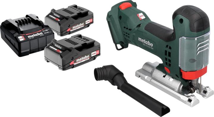 1x Absaugstutzen, 1x Spanreissschutz-Plättchen, 1x Sechskantschlüssel, 2x Metabo Li-Power Akkupack 18 V 2,0 Ah Akku, 1x Metabo SC 30 Li-Ion 12 - 18 V Ladegerät