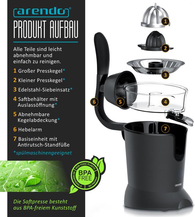 Produktbild Arendo Elektrische Zitruspresse, Entsafter, Einhandbedienung, rostfreier Edelstahl, BPA-frei, 800W, schwarz