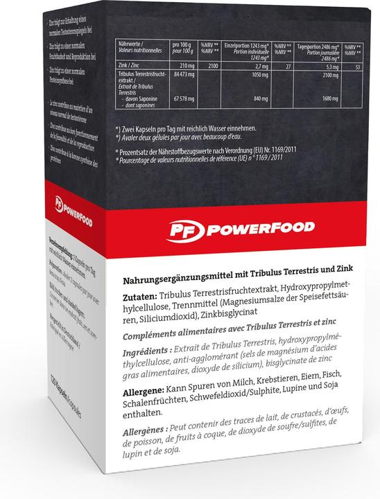 Valori nutrizionali e ingredienti PowerFood One Tribulus + Zinco (120 Pezzo/i, Pillole, 50 g)