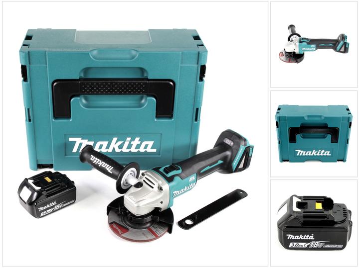 1x Makita DGA 504 18 V Li-Ion cordless angle grinder, 1x Makita BL 1830 B 3.0 Ah battery, 1x Makita 125mm grinding disc A-80656- 1x additional handle, 1x Makpac, 1x matching insert, 1x assembly tool