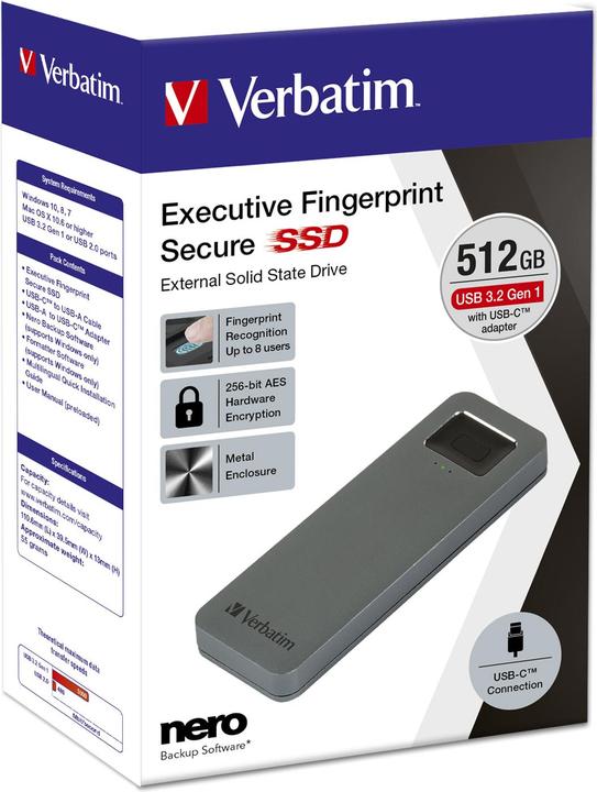 Image du produit Verbatim Fingerprint Secure SSD USB 3.2 Gen 1 USB-C 512GB (0.51 To)