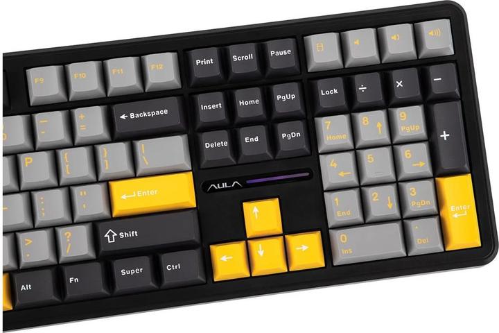 Produktbild Aula Tastatur mit Gasket-Tastenanschlag F108 Grau+Orange+Dunkelgrau Volcano-Schalter RGB (DE, Kabelgebunden, Kabellos)