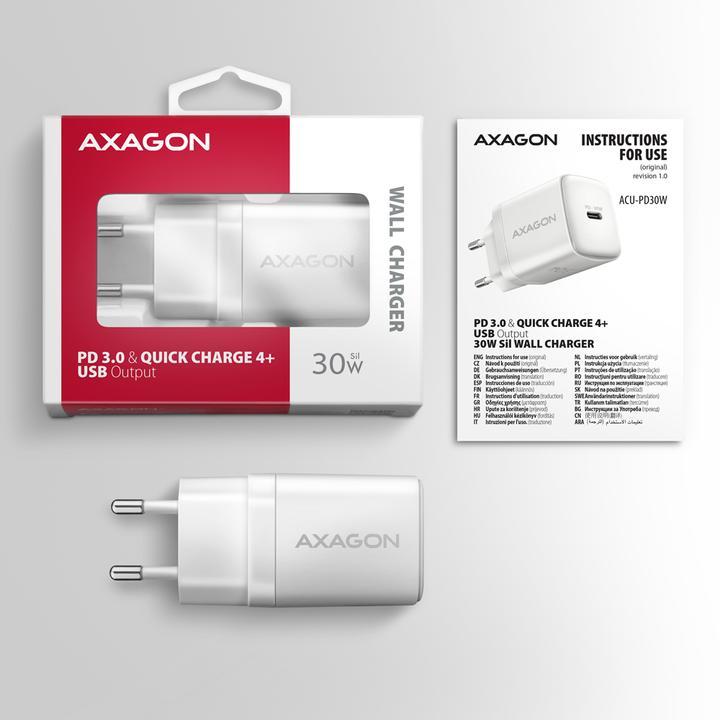 Immagine prodotto Axagon ACU-PD30W, Caricabatterie bianco per presa a muro 30W, 1x porta USB-C, PD3.0/PPS/QC4+/SFC/AFC/Apple (30 W)