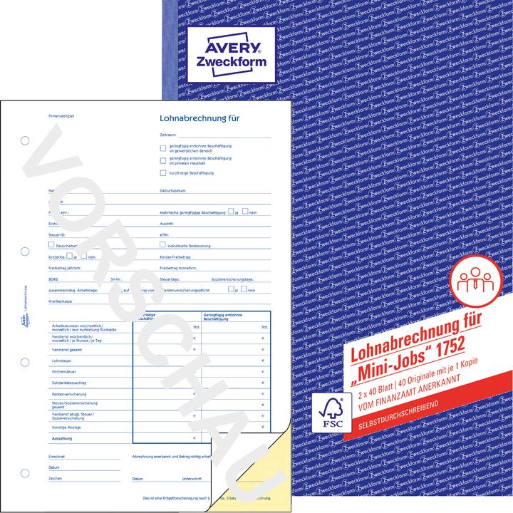 Produktbild Avery Lohnabrechnung A4 Minijob weiss/gelb (40 x)