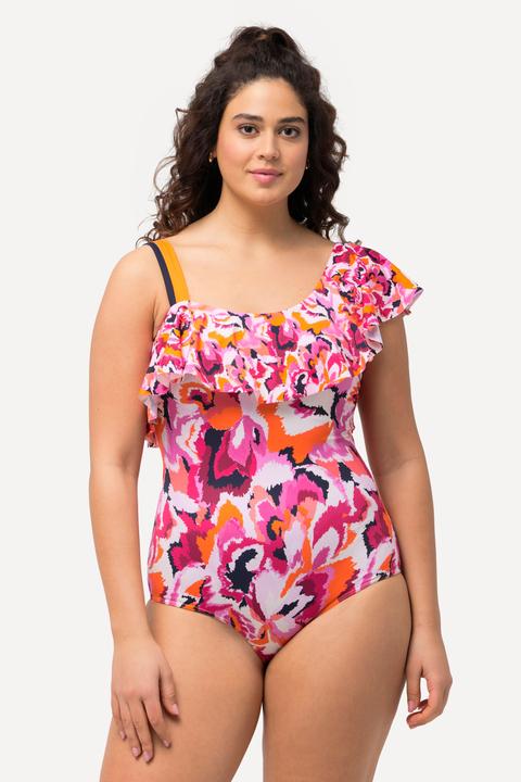 Actual product image Ulla Popken Floral Asymmetric Flounce Shoulder Swimsuit (58)