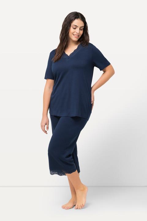 Actual product image Ulla Popken Eyelet Trim V-Neck Super Soft Cotton Blend Pajama Set (50, 52)