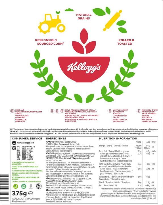 Valeurs nutritives et ingrédients Kellogg's Flocons de maïs (375 g)