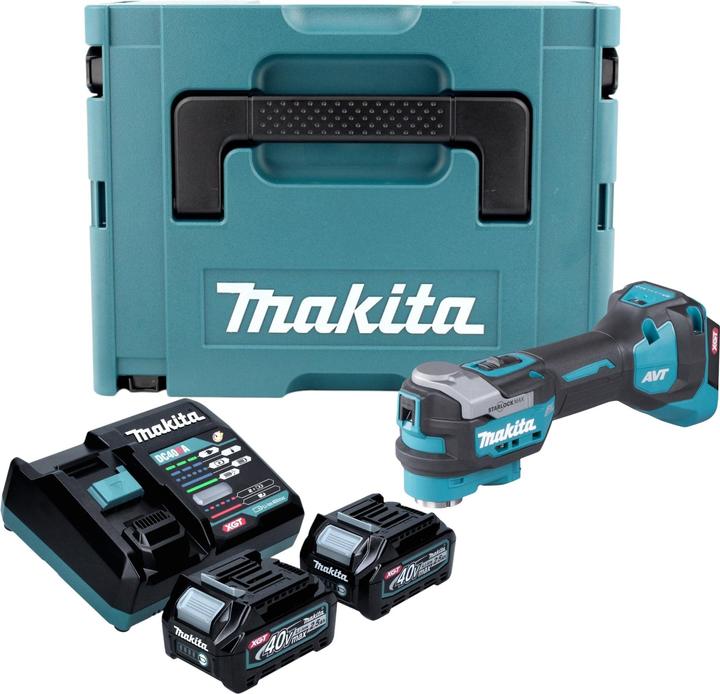 1x insert universel, 1x Makita MAKPAC, 1x Makita TM 001 GZ outil multifonctionnel sans fil, 1x Makita DC 40 RA 40 V Chargeur rapide, 2x Makita BL 4025 batterie 40 V 2.5 Ah XGT Li-Ion batterie