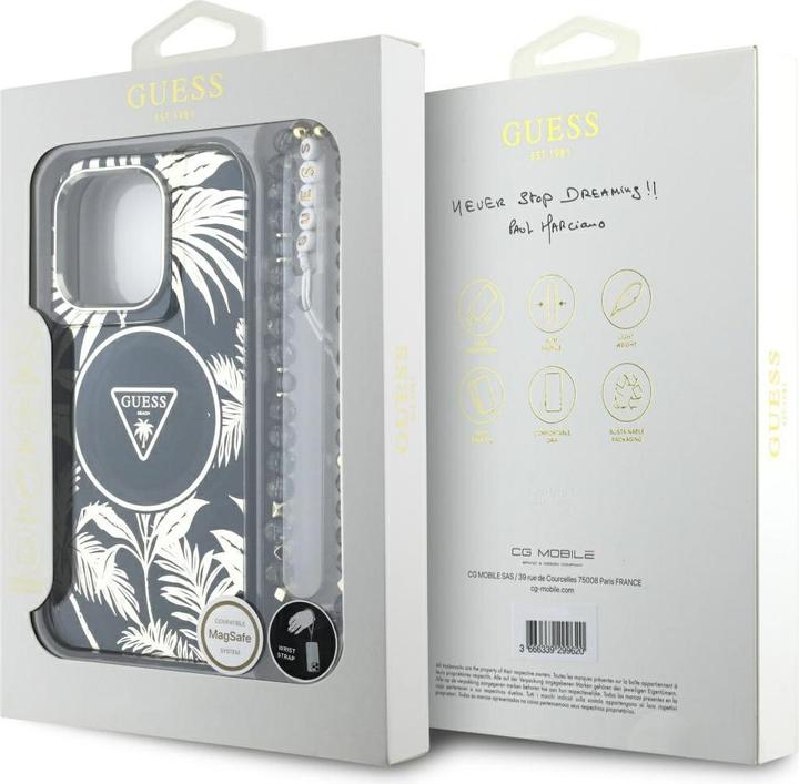 Produktbild Guess Palm Trees Triangle Pearl Strap MagSafe case for iPhone 16 Pro black (Apple iPhone 16 Pro)