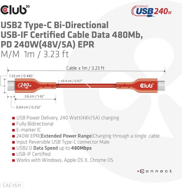 Produktbild Club 3D Club3D Kabel USB 2 Typ C PD 240W / 480Mb 1m St/St retail (1 m, USB 2.0, 480 W)