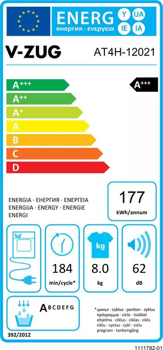 Label énergétique V-Zug AdorinaSéchage V400 1202100000 (8 kg, Gauche)