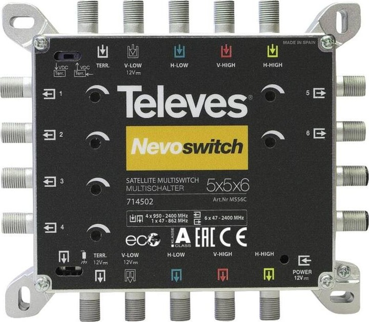 Produktbild Televes Kaskadierbarer Multischalter mit 5 Eingängen (1 x Terrestrik und 4 xSAT), 6 Teilnehmerausgänge, 5 Du (Multischalter)