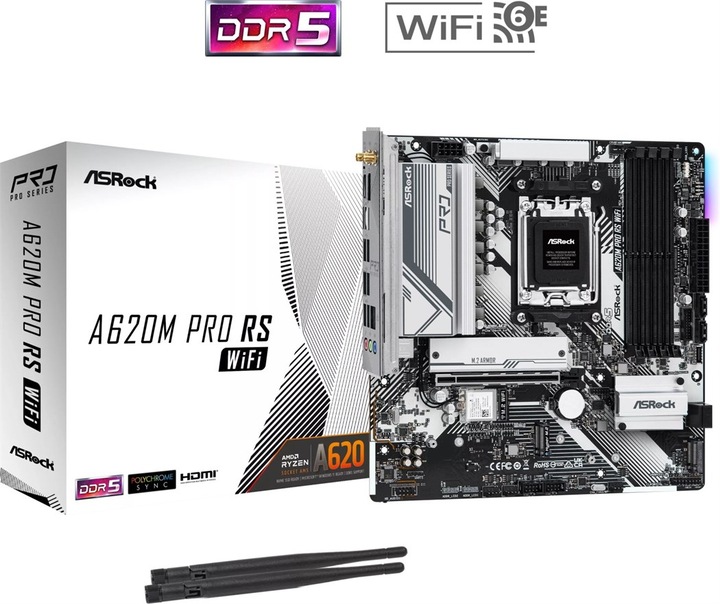 Image du produit AsRock MB AMD AM5 A620M PRO RS WiFi (AM5, AMD A620, mATX)