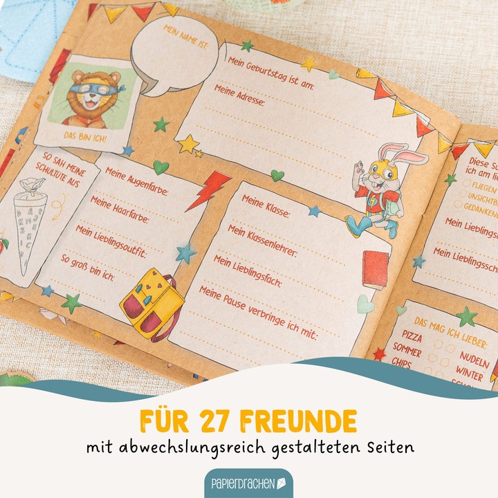 Produktbild Papierdrachen Freundebuch Schule Superhelden Tiere - Set 07