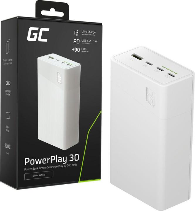 GreenCell Enerģijas krātuve PowerPlay 30 30000mAh White 5904326374690 PBGC30W (5904326374690) (30000 mAh, 22.50 W)