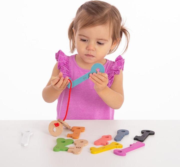Actual product image TickiT Rainbow wooden keys – 11 numbered keys with threading cord & bag