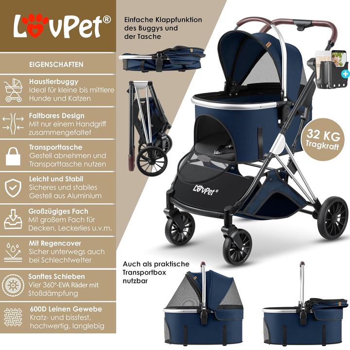 Produktbild Lovpet 3in1 Hundebuggy (Katze, Hund, Komplett zu öffnen, Faltbar, Atmungsaktiv)