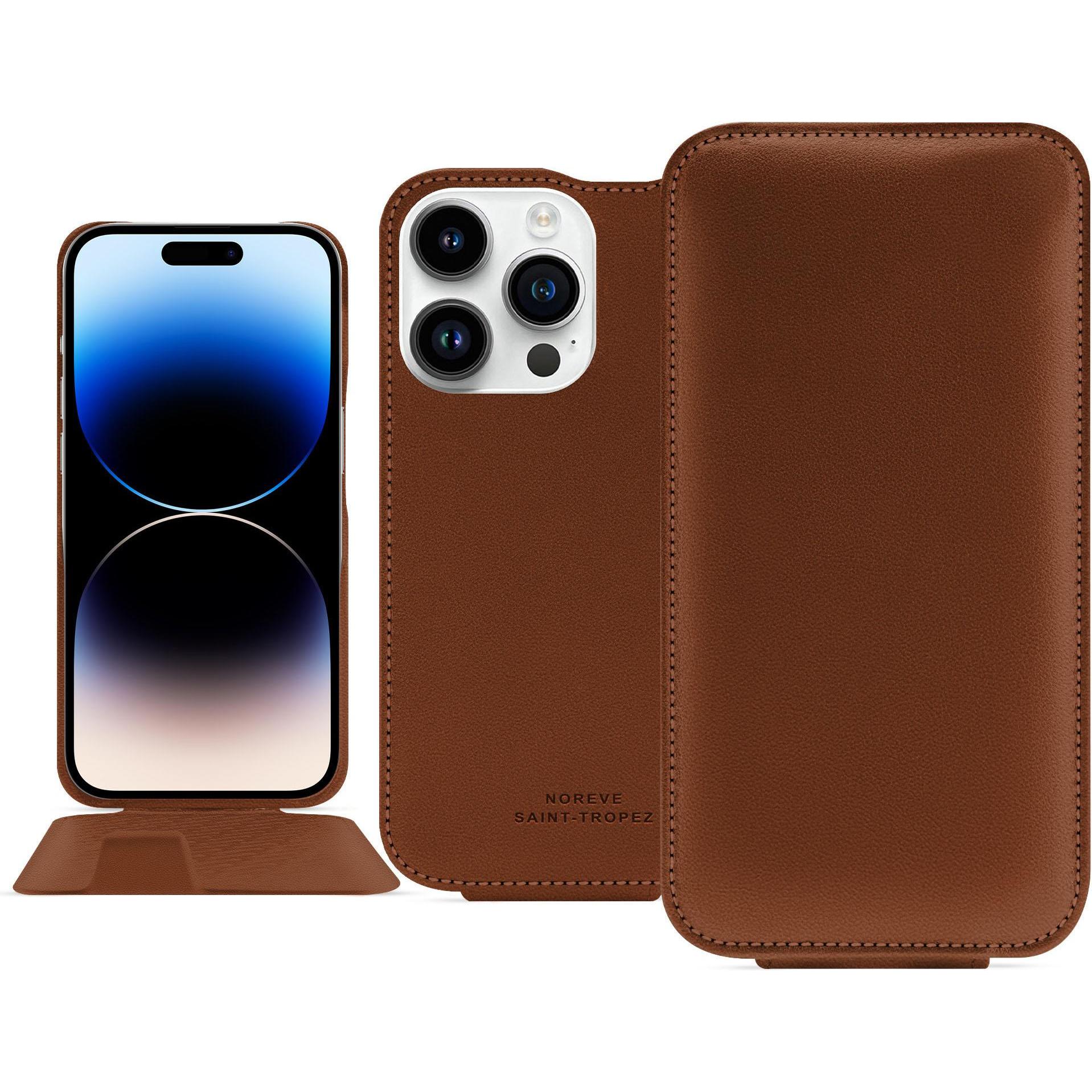 Noreve Lederschutzhülle vertikal (Apple iPhone 15 Pro), Smartphone Hülle, Braun