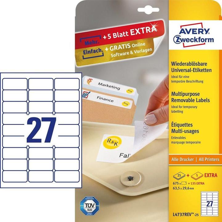 Avery L4737REV-25, Étiquettes Stick&Lift 63.5x29.6mm, blanches