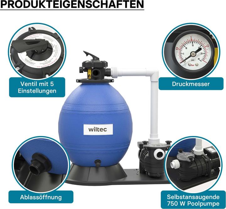 Produktbild Wiltec Sandfilteranlage 750W 71l Filtertank 20000l/h Pool Pumpe Filterpumpe