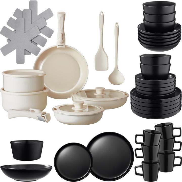 tectake Kit de cuisine pour démarrer pour 6 personnes avec vaisselle, casseroles, etc. (46 pcs)