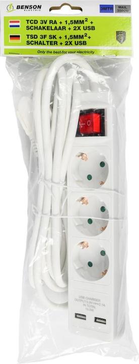 Productafbeelding Benson Electric Contactdoosstrip 3-weg + aarde + 3 x 1,5 + schakelaar (3x, CEE 7/3, 3 m)