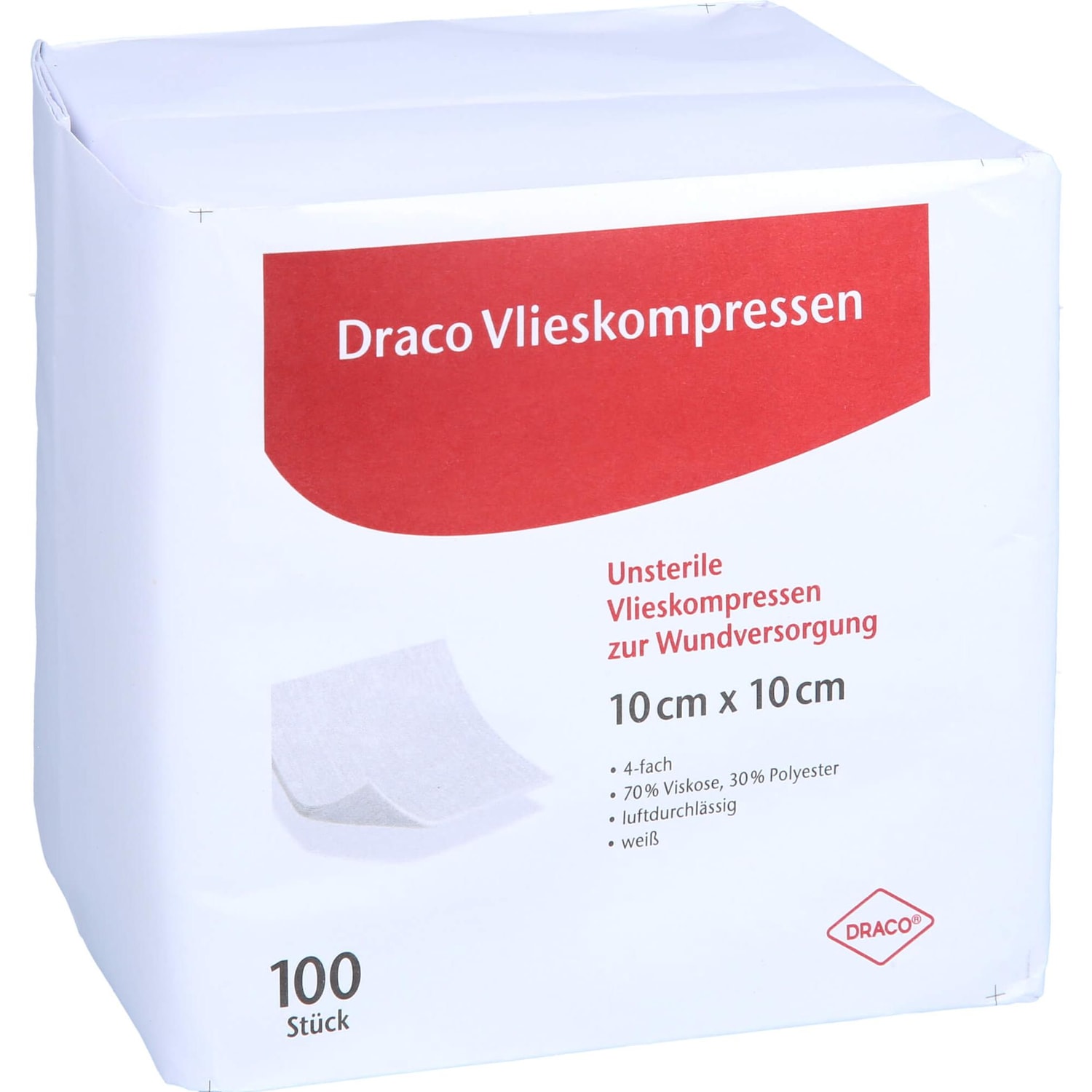 Dracco, Verbandsmaterial, Vliesstoffkompressen 10x10cm 4fach unsteril, 100 St KOM