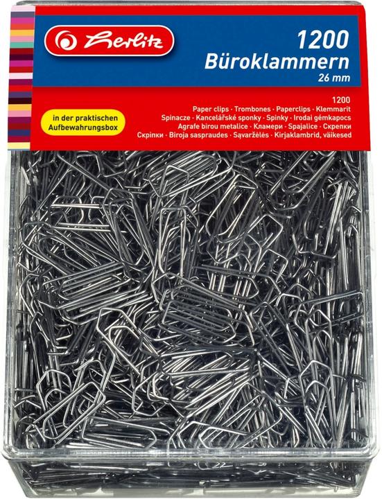 Image du produit Herlitz Trombones, en métal, galvanisés, 26 mm Contenu : 1 200 pièces dans une boîte en plastique (1200x)