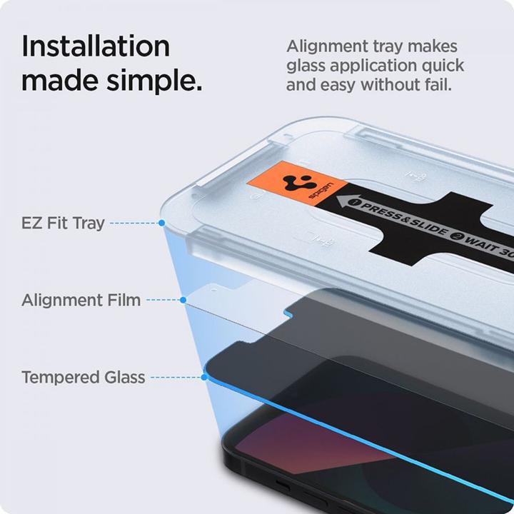 Produktbild Spigen TEMPERED GLASS GLAS.TR "EZ FIT" 2-PACK IPHONE 13 / 13 PRO PRIVACY (2 Stück, Apple iPhone 14, Apple iPhone 13, Apple iPhone 13 Pro, Apple iPhone 16e)