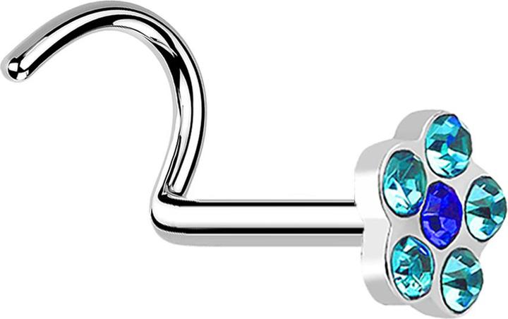 Actual product image Star Piercing Nasenstecker gebogen silber mit Blume und 5 Kristalle aqua (without brass, Surgical steel 316L)