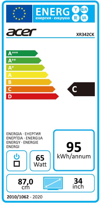 Energie-Label Acer XR342CKPbmiiqphuzx 86,4cm 34Zoll TFT LED IPS Curved 3440 x 1440 300cd/qm 1ms 2xHDMI DP DP Out USB... (3440 x 1440 Pixel, 34.02")