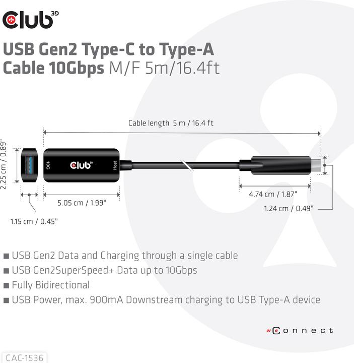 Produktbild Club 3D Club3D Kabel USB 3.2 Typ C <> USB Typ A St/Bu (5 m, USB 3.1)