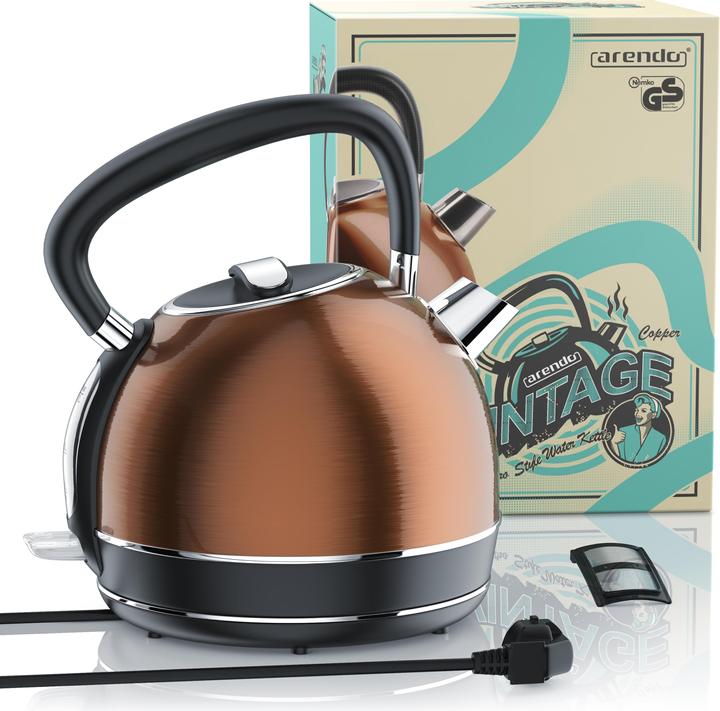 Actual product image Arendo Kettle 1.7 l, 2200 W, stainless steel, retro style vintage, overheat & dry boil protection, copper (1.70 l)