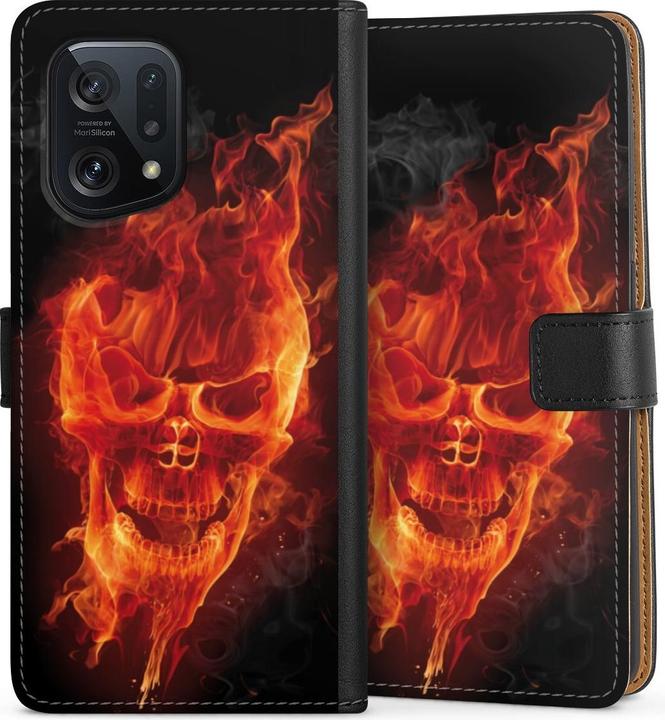 Produktbild DeinDesign Tasche für Oppo Find X5 Handy Flip Case Wallet Cover Handytasche Leder Feuer Schädel Totenkopf (Oppo Find X5)