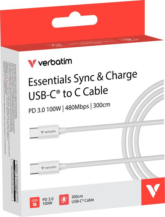 Produktbild Verbatim Kable Sync & Charge USC-C do C essentials 3 m 100W biały 32409 (3 m, USB 2.0, 100 W)