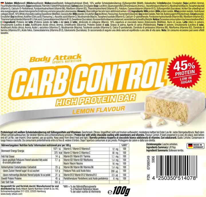 Nährwerte und Zutaten Body Attack Carb Control (15x100g Riegel) (Stracciatella, 15 Stk., 1500 g)