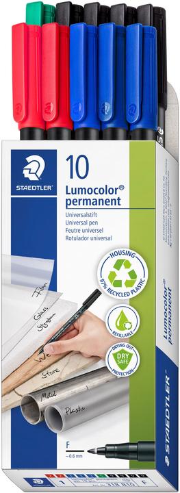 Actual product image Staedtler Lumocolor permanent marker 318F, box of 10 (Green, Red, Blue, Black, 0.60 mm, 10 x)